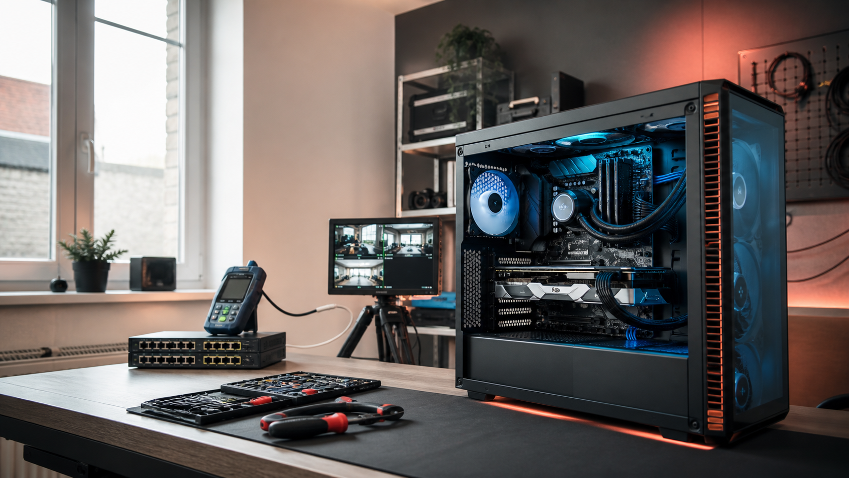 Atelier informatique avec ordinateur sur mesure, équipement réseau et régie vidéo